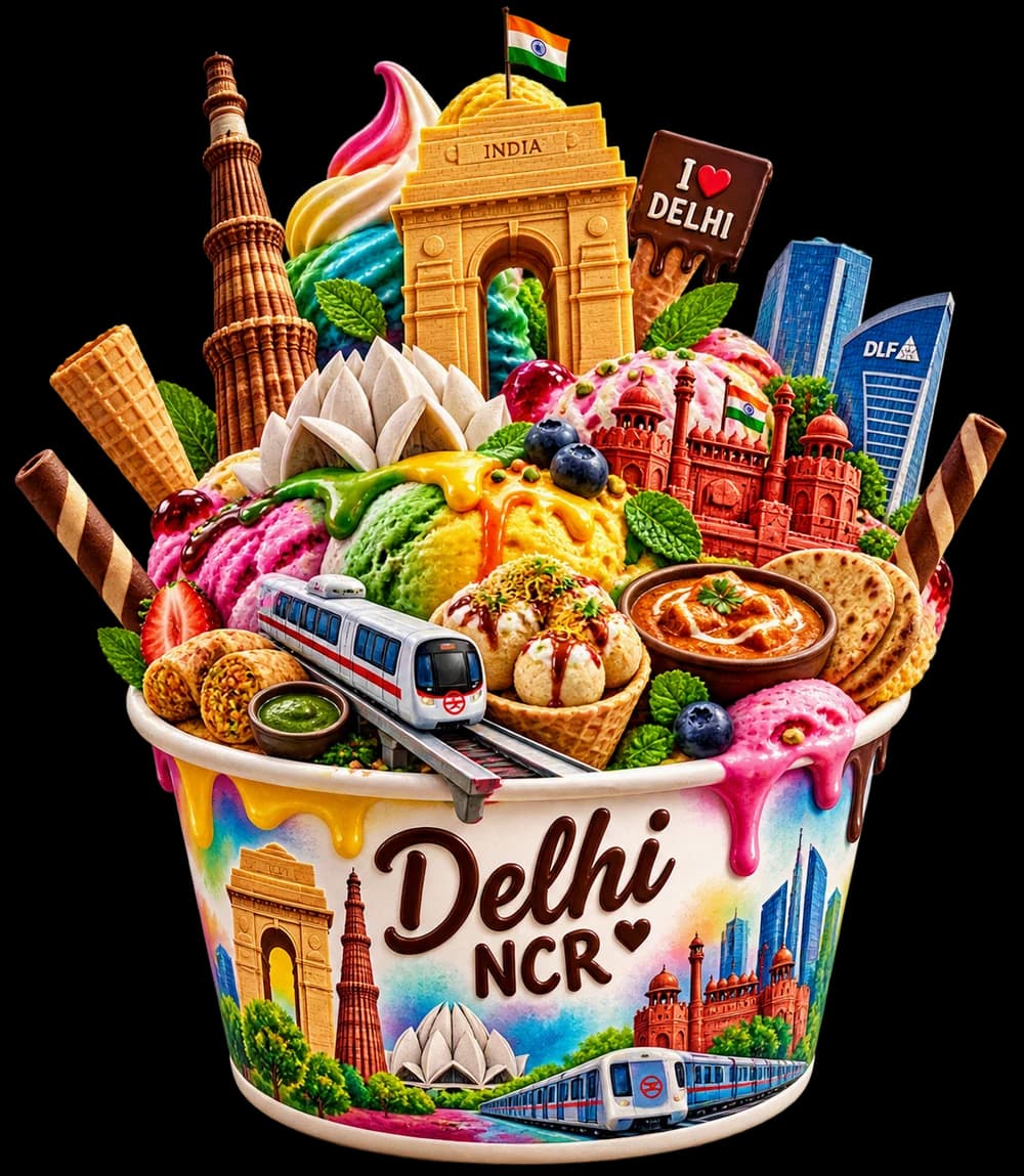 A tub of ice cream holding Delhi NCR's landmarks — Red Fort, India Gate, Qutub Minar, the Lotus Temple and the Metro — every one of them modelled in ice cream