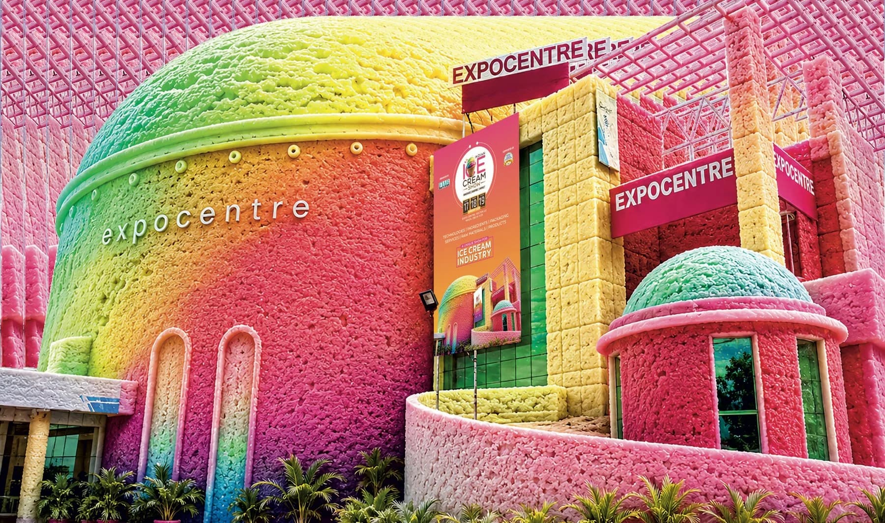 The Expo Centre at Sector 62, Noida, modelled entirely in ice cream: a sorbet dome, wafer-brick walls, and the Indian Ice Cream Show banner over the entrance