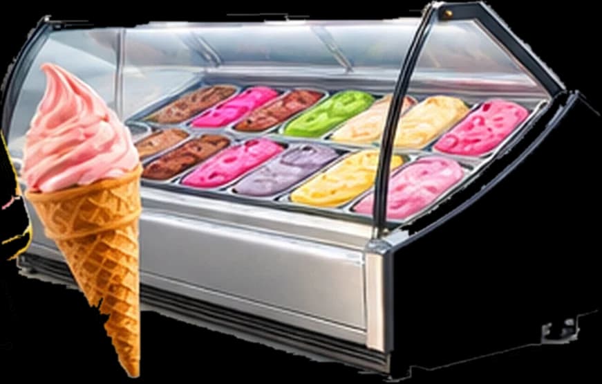 A gelato display cabinet filled with pans of ice cream beside a soft serve cone