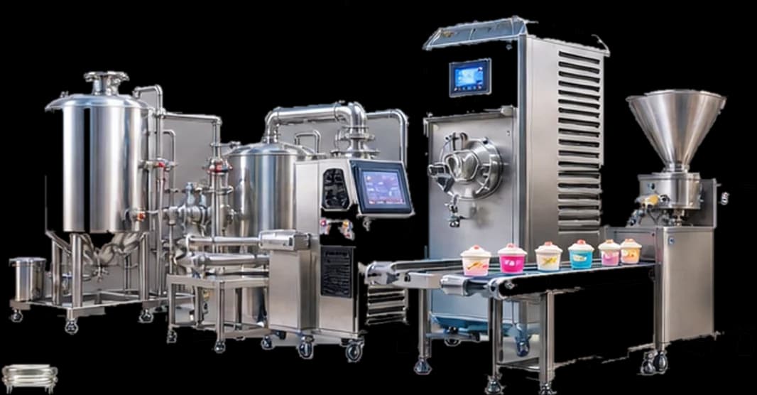 An ice cream processing line: mix tanks, a continuous freezer, and a filling conveyor running tubs